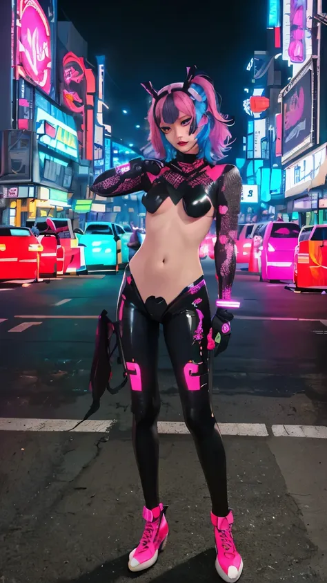 masterpiece, best quality, 1 cyberpunk girl, full body shot, standing in front of motorcycle, looking at viewer, Confident cyberpunk girl with sassy expression, Harajuku-inspired pop outfit, bold colors and patterns, eye-catching accessories, trendy and in...