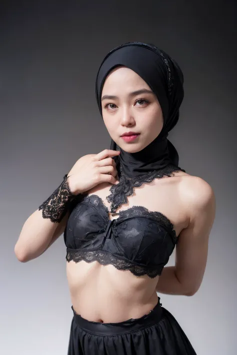 ((FLAT CHEST:1.8)), ((Lace)), (Happy smile), (((HIJAB MALAY GIRL))), masutepiece, High quality, UHD 32K, Realistic face, Realistic skin feeling , A Japanese Lady, 58 years old matured lady, , Very cute and baby-like face, (((FLAT CHEST))), (Night time at f...