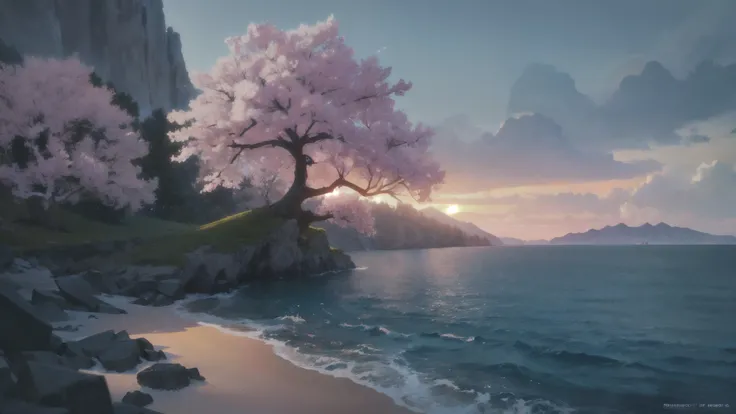 masterpiece, ocean landscape, giant sakura tree in the middle of the ocean, Thin trunk, ultra long brunches, ultra wide brunches, sakura leafs in the wind,  snow mountains in background, wallpapper, hd, realistic, 4k, octane render, ray tracing, HDR, the m...