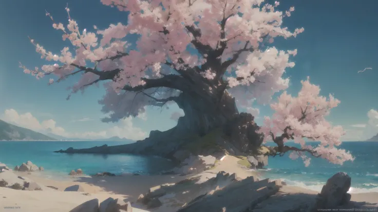 masterpiece, ocean landscape, giant sakura tree in the middle of the ocean, Thin trunk, ultra long brunches, ultra wide brunches, sakura leafs in the wind,  snow mountains in background, wallpapper, hd, realistic, 4k, octane render, ray tracing, HDR, the m...