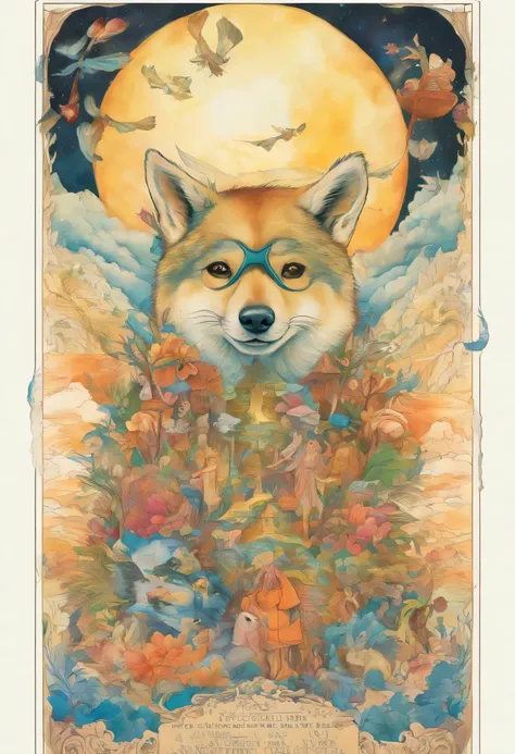 Poster in comic style, bipedal Shiba Inu, Lupus phofas, Olhos verdes, Blanco, Sinza, Azul, depicted in bright watercolors. Amarello, Extreme Detalhad, Altamento Detalhad, Obra Prima, Fundo de Conte de Fadas, Wonderland, Dynamic Color, Luz de Conte de Fadas...