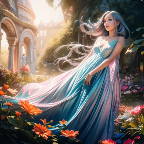 girl, beautiful detailed eyes, long flowing silvery hair, garden, vibrant flowers, flowing dress, ((girl is floating)), warm sunlight, highres, ultra-detailed, photorealistic, fantasy, surrealism, pastel colors, soft lighting