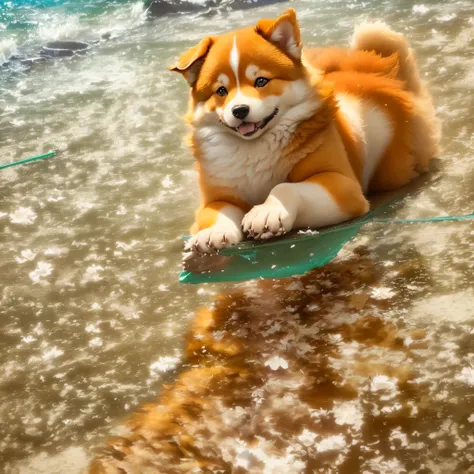 有一只puppy躺在地上, mix,  puppy,Hiromi dog, very fluffy,Orange furry belly, Extremely fluffy, Climbing towards the camera, Shiba Inu, cute dog，At the beach