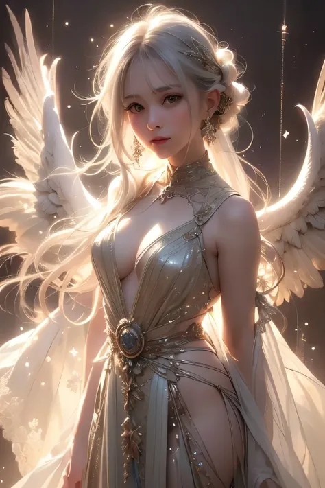 Night scene、(White Wings 1.2),(White feathers falling in the background 1.1)， （（masterpiece））， （detailed：1.4），Realistic、 Beautiful Woman Images，High resolution（High Dynamic Range），Ray Tracing，NVIDIA，Super Resolution，PBR Textures，Post-processing，Anisotropic...