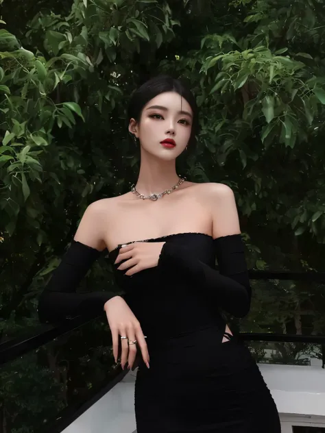 a close up of a woman in a black dress posing for a picture, black top, wenfei ye, photo of slim girl model, cai xukun, gorgeous chinese model, xision wu, korean womens fashion model, tube-top dress, xintong chen, wearing a sexy cropped top, gemma chen, xu...