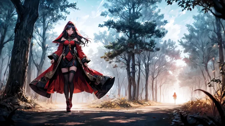 (a woman in a red dress and red cloak walking in a forest, wearing a beautiful red cloak, Alice X. Zhang, anime wallpaper 4k, anime art wallpaper 4k, thief little red riding hood, anime art wallpaper 4k, 4k anime wallpaper, beautiful fantasy anime, red hoo...