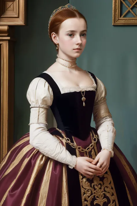 Paris, 1558. A young ((((15-year-old)) Mary Stuart)), beautiful, charming, regal, in a palace, ((worried expression)), ((((clothings from the 1550s)))), ((auburn hairstyle of the 1550s)), colorful