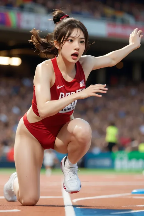 Olympic womens long jump, photographing the jump from the front, face emphasis, serious look, big breasts, sweat, sense of speed, sprinting, dynamic movement, running, competition, masterpiece