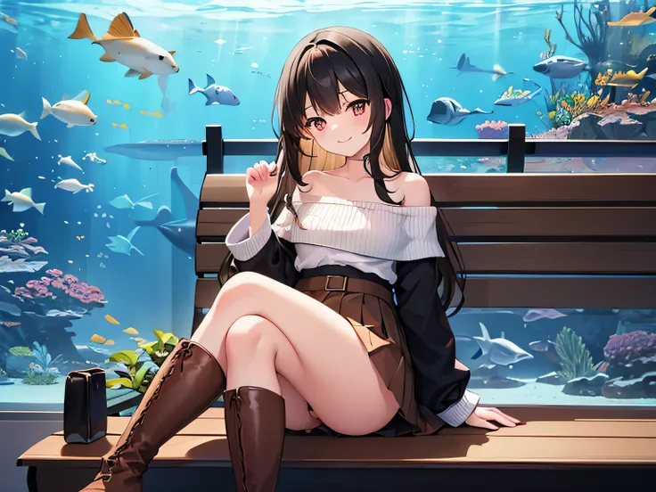 (Masterpiece, top quality, high resolution, realistic photo, realistic looking skin:1.1),
(Woman sitting on bench at aquarium:1.5), 
(She has a smiling expression: 1.5),
(Her skirt is so short you can almost see her panties),
(She is wearing a red off-the-...