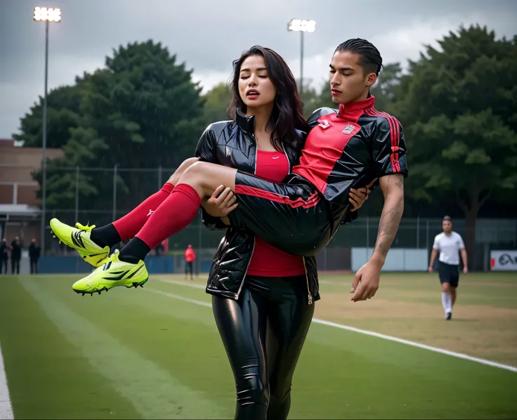 a portuguese girl in a laquered and very shiny quilted coat carries a man soccer player, a woman carries a man, a portuguese woman carries a male soccer player in her arms, rainy weather, rainfall, humid, girl carries guy, lift and carry, an excessively ma...