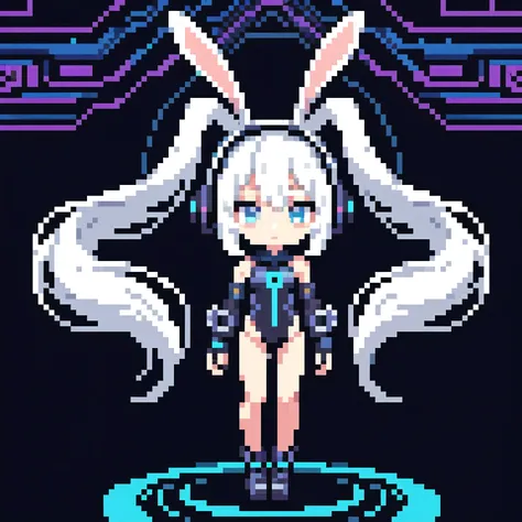 Long-distance shots,Full body portrait,Anime white hair , Wearing rabbit ears and futuristic headphones,cyber punk