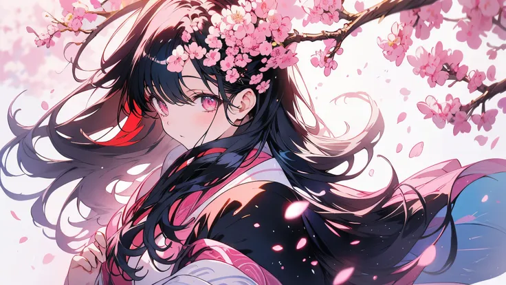 {{masterpiece, highest quality, Highly detailed CG, 8k wallpaper, 3D, Cinema Lighting}}、1girl、Rows of cherry blossom trees in full bloom、A woman with a calm expression under a cherry blossom tree、Black Hair、Long Hair、kimono、A fantastic atmosphere、Gentle br...