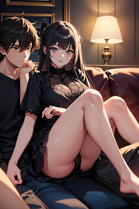 guy and girl sitting on the sofa. The girl threw her legs over the guy&#39;s lap. it&#39;s night outside. The room is dimly lit. {The girl&#39;s legs lie on the guy&#39;s lap}