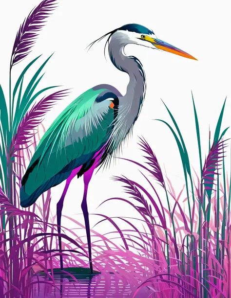 Heron in Reed Paradise.
violet green pink digital vector graphics.
teal on white background