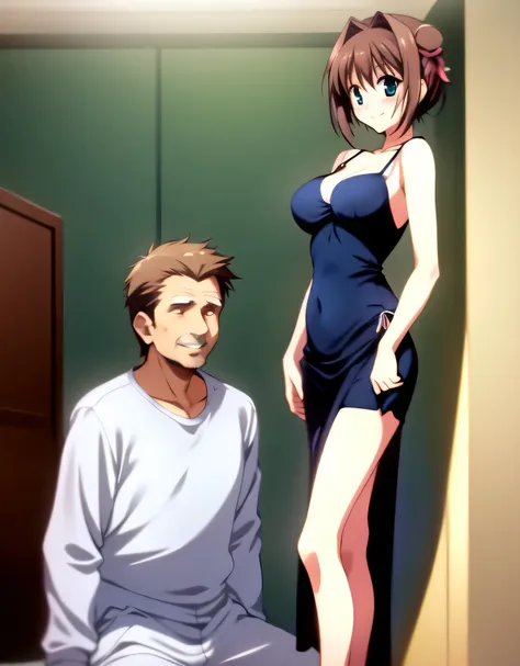 asakura_yume,brown hair,medium chest,aqua eye,white skin,((１man middle aged man)),((hotel rooms)),((are standing)),smile,((breas...