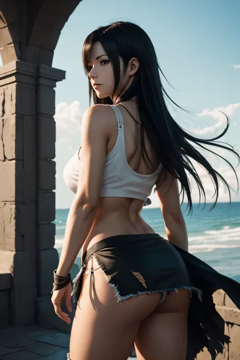 tifa lockhart from ff7 remake, low-up angle standing shot, torn wide crop-top t-shirt, viewer can see bottom of her breast  out of her loose torn crop-topt-shirt, upskirt, from below,  black thigh socks, loose torn skirt flowing with the wind, outside blow...