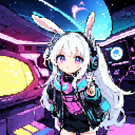 Anime white hair , Wearing rabbit ears and futuristic headphones