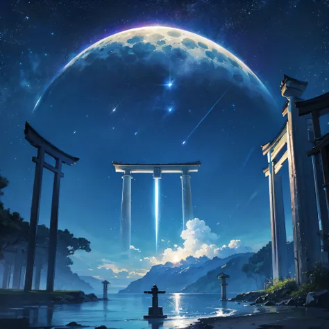 Starry Sky　shooting star　Ocean　full moon　Landscape painting　１Two large torii gates