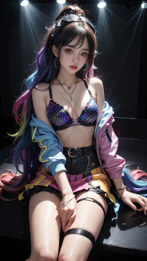 8K, ultra hd, masterpiece, hd colors, 1 girl, perfect face, very long curly hair, detailed eyes, rockstar outfit, ((rainbow jacket)), ((transparent bra)), short mini skirt, belt:1.5, stocking, ((criss-cross strips)), ((wearing chain)), stars, bare shoulder...