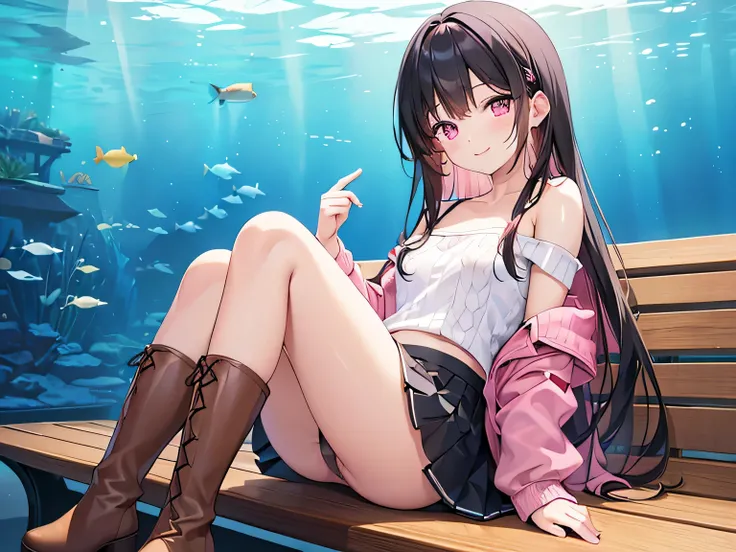 (Masterpiece, top quality, high resolution, realistic photo, realistic looking skin:1.1),
(Woman sitting on bench at aquarium:1.5), 
(She has a smiling expression: 1.5),
(Her skirt is so short you can almost see her panties),
(She is wearing a red off-the-...