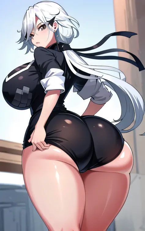 
 ass focus  ,big ass  ,big breasts  ,big butt, huge ass ,huge butt, long hair , looking at viewer 
 looking back, thick, thighs, thighs ,white hair
