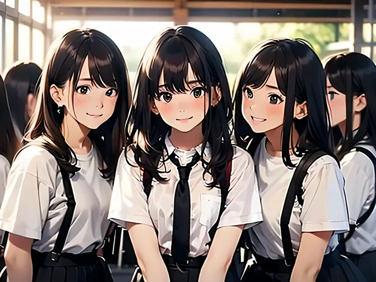 Brown hair，White shirt，Black suspenders，Large bulging，Black mini skirt，Garter，gaze，Small face，Bangs ，Beautiful woman，Standing in line waiting，blush，shy，explain，There are students queuing up in front and behind，A group of girls gathered together and whisper...