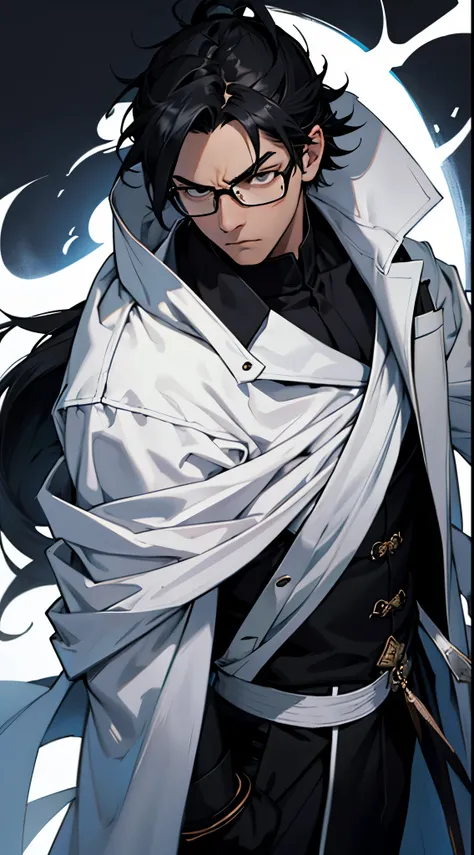 Adult male,Black hair,Wearing a white coat,Contemptuous expression, masterpiece, high quality,Blank Background,Black eyes,black magician,wearing glasses,Chinese style