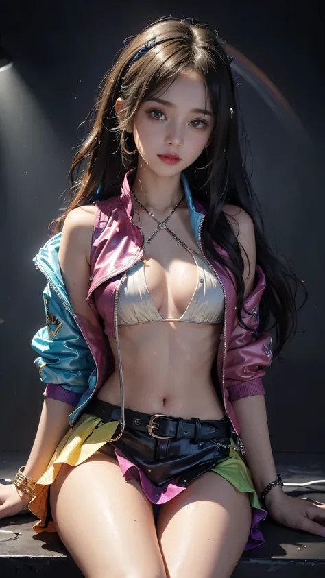 8K, ultra hd, masterpiece, hd colors, 1 girl, perfect face, ((wet skin)), very long curly hair, detailed eyes, rockstar outfit, ((rainbow jacket)), ((thin vest)), large breasts, short mini skirt, belt:1.5, stocking, ((criss-cross strips)), ((wearing chain)...