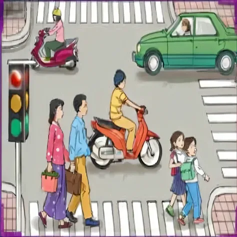 there are people crossing the street at a crosswalk with a scooter, Traversée de la route, pedestrians, Illustration couleur, trafic de dhaka, sans casque, 🚿🗝📝, image de dessin animé, dans une ville animée, Busy street, par Odhise Paskali, Busy streets, de...