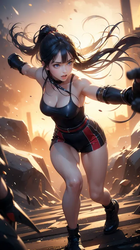 a girl in a fighting pose, intense expression, strong and muscular body, dynamic movement, focused eyes, determined look, martial arts outfit, dark and gritty environment, dramatic lighting, high contrast, action-packed, powerful strikes, fast-paced moveme...