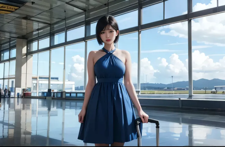 Large airport、Large glass windows、超long shot、Blue dress、White clouds and blue sky、Inside the airport、woman、Backlight、Short black hair、Detailed people、Detailed Background、),(Background and character ratio:0.8)