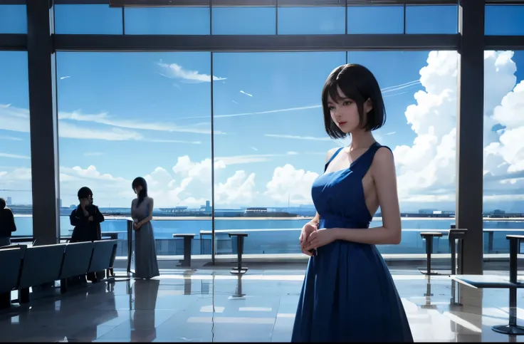 Large airport、Large glass windows、超long shot、Blue dress、White clouds and blue sky、Inside the airport、woman、Backlight、Short black hair、Detailed people、Detailed Background、),(Background and character ratio:0.8)