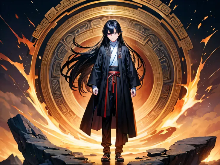 anime style,HD,8k,masterpiece,best quality,(ancient style:1.1),1teenager(1boy, 13year old),with long black hair, black eyes, gray Taoist robe, (thinking).