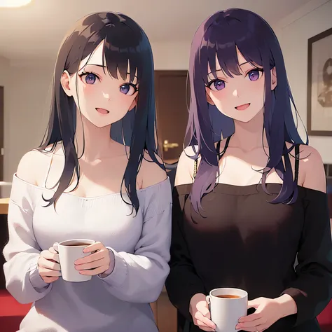 holding a mug in both hands、smile, open mouth, Upper Body, Realistic, real person, (pale skin: 1.2), shiny skin, shiny hair、(A 30-year-old woman with straight hair and bangs) and (medium hair) and (black hair) and (purple eyes) , (white:1.5) and (Off-the-s...