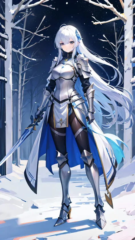 A female knight in shiny metal armor holding a sword、in the snowy forest、Full Body Shot