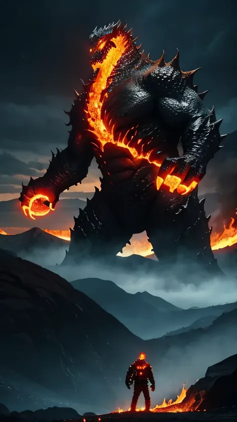 A scary lava monster very big in size standing behind the mountains in dark