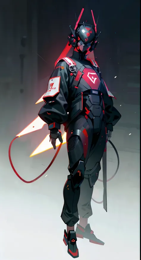 masterpiece, best quality, A close-up shot of a futuristic boy，China is black and impermanent，The traditional image of Hei Wuchang，Tradition meets modernity，Mechanical Armor，Wearing a fantastic cyber helmet，Red triangle LED light and halo on the helmet, We...