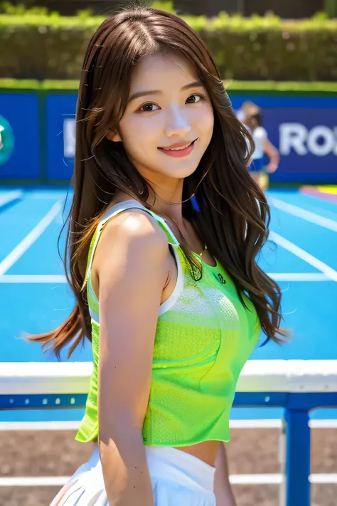 (8,000 people, highest quality, masterpiece: 1.2), (Realistic, Realistic: 1.37), Super Detail, 1 girl, 20-year-old, big, beauty, cute, smile, alone, Tennis Wear, mini skirt, Tennis court, racket, Tennis ball, (smile: 1.15), (Shut your mouth.), Beautiful Ey...