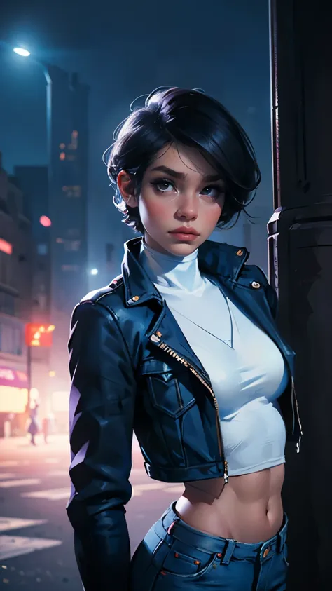 LadyBug, Paris, pretty face, Marinette Dupin-Cheng, short black pixie hair, blue womens jacket, white turtleneck tank top, jeans, white ballet flats, medium-sized breasts, slender body, 17 years old, model shots, Paris at night, bright lights, neon