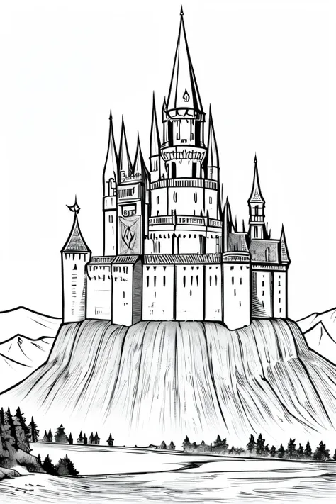 medieval dnd fantasy castle, castle on a hill, mountains in the background, very light colored grey scale