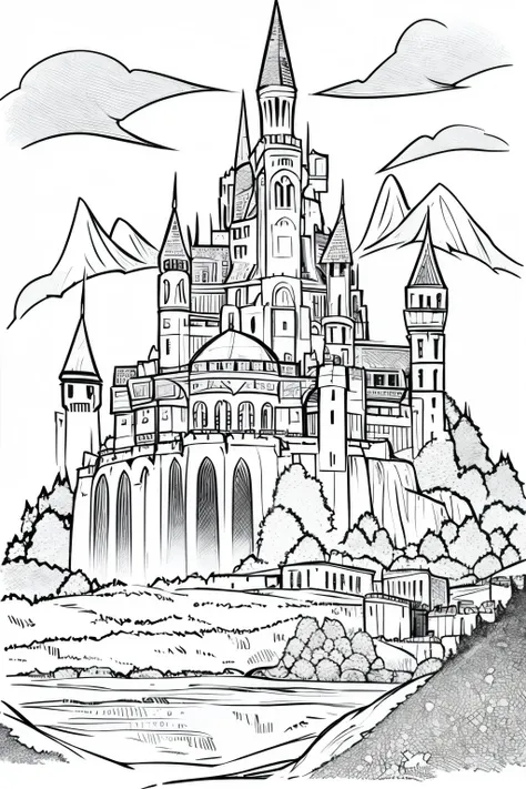 medieval dnd fantasy castle, castle on a hill, mountains in the background, very light colored grey scale