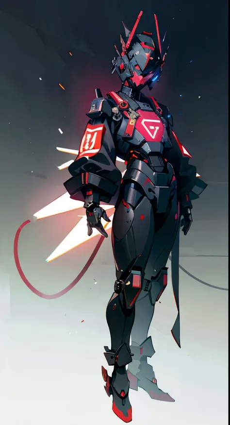 masterpiece, best quality, A close-up shot of a futuristic boy，China is black and impermanent，The traditional image of Hei Wuchang，Tradition meets modernity，Gundam，Mechanical Armor，Wearing a fantastic cyber helmet，Red triangle LED light and halo on the hel...