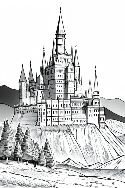 medieval dnd fantasy castle, castle on a hill, mountains in the background, very light colored grey scale