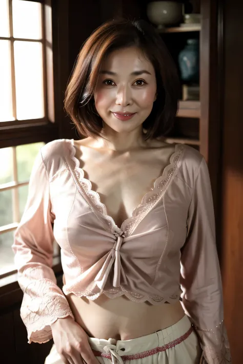 Japanese Garden,highest quality,Japanese ,real person, figure, Super detailed, finely, High resolution, Detailed and beautiful eyes,blouse, Center of chest, Natural color lip, Sexy pose,smile、40 year old girl,Short Hair ,Bra Top、Cowboy Shot,