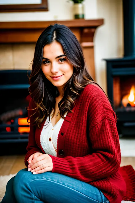 Squeak (Pyska) - Cute beautiful brunette in a cozy red cardigan (sitting beside a warm fireplace at twilight), extremely detailed, 23 years old, gentle smile, bobbed hair with highlights, brown eyes, high resolution, masterpiece, best quality, intricate hi...