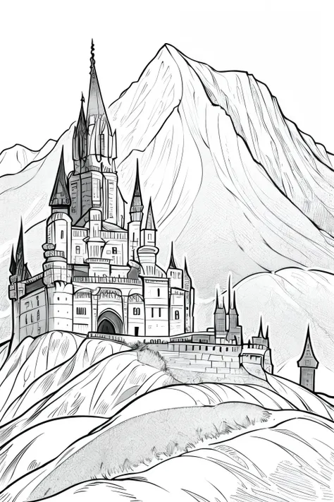 medieval dnd fantasy castle, castle on a hill, mountains in the background, very light colored grey scale