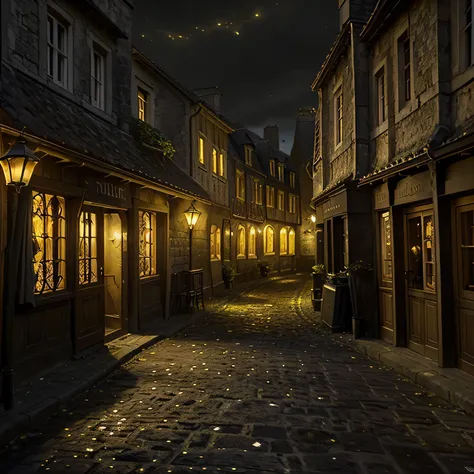 Sombre ruelle, vieille ville, lumiere jaune, dark fantasy, detailed, realiste, lugubre, taverne