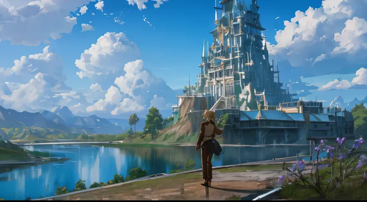 Masterpiece, high detail, 8K resolution, ConceptArt, scenery, water, sky, day, tree, cloud, waterfall, outdoors, ruined building, nature, river, blue sky, 1 woman, blonde, ponytail, brown coat, trousers, a wanderer, Makoto Shinkai artstyle