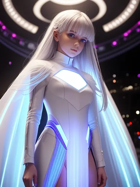 British white-haired female teenager,Wear futuristic clothes,She looks like a ghost angel. ,looking at you,Set with LED lights for a colorful glow and bokeh effect., Realistic photos, cinema, The movie is still there., summer feeling, Shot in the style of ...