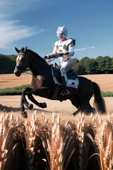 a robot with a laser gun riding a mechanic horse in a wheat field park